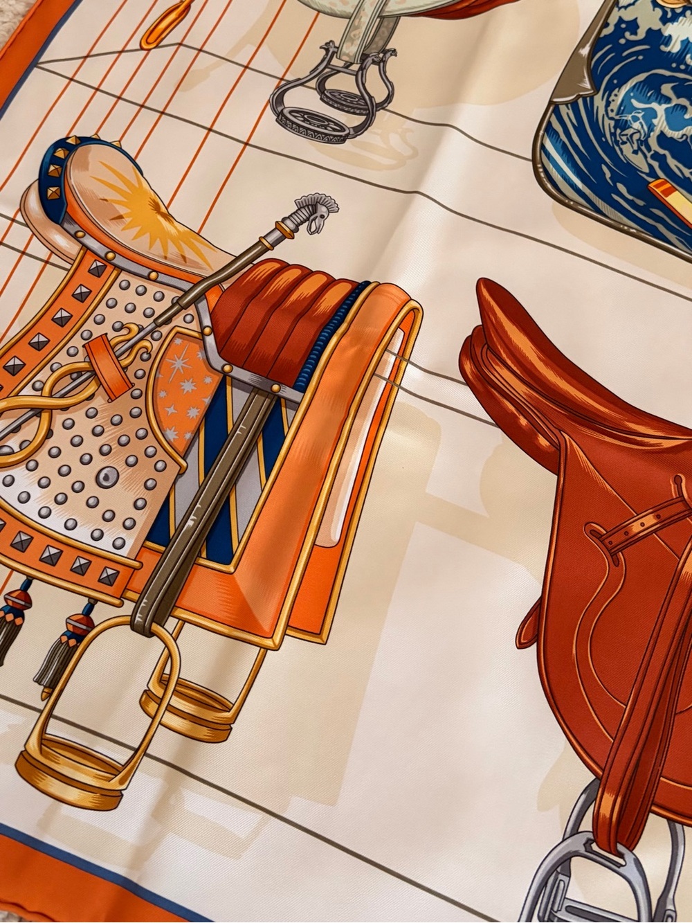 HERMES NWT Orange/Cream Equestrian Print Silk Scarf